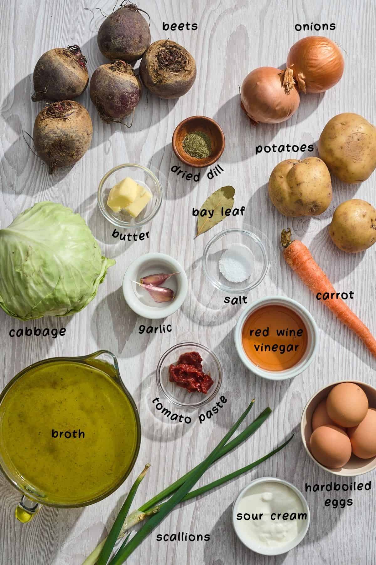 ingredients for making borscht soup