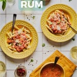 plates of pasta with a rum tomato sauce, basil, and parmesan