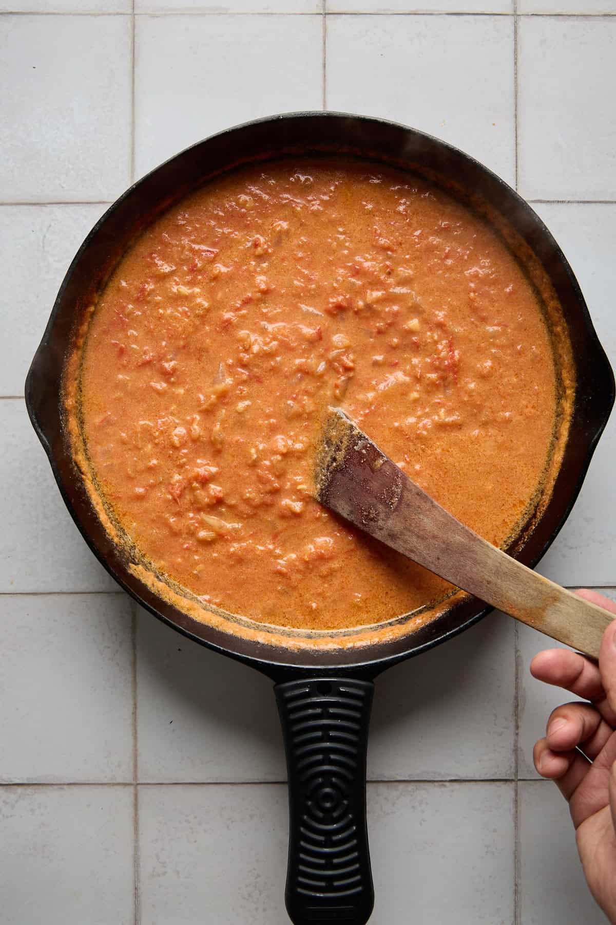 rum pasta sauce simmering in a pan