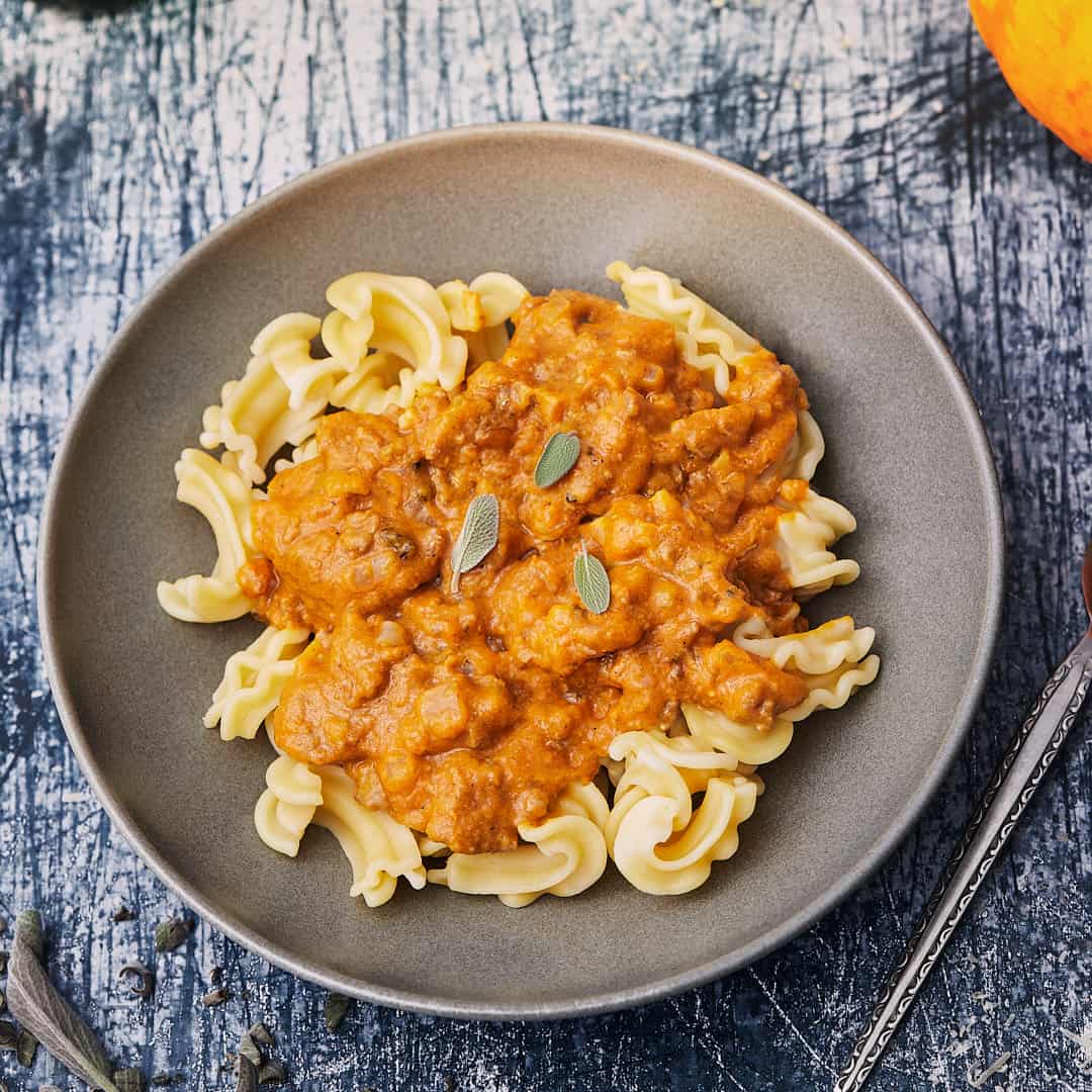 dish of pumpkin pasta with sage