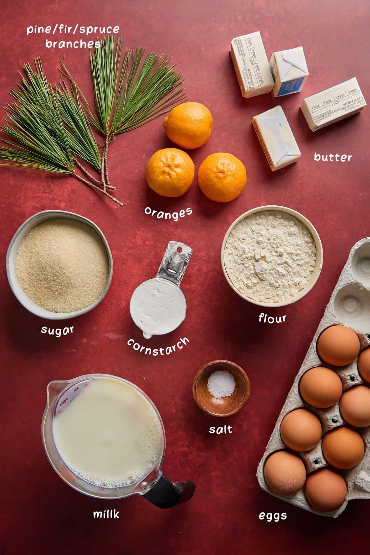 eggs, butter, oranges, pine, and other ingredients for the recipe