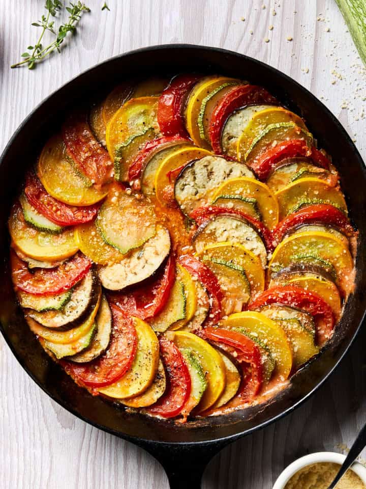 a large pan of cooked ratatouille