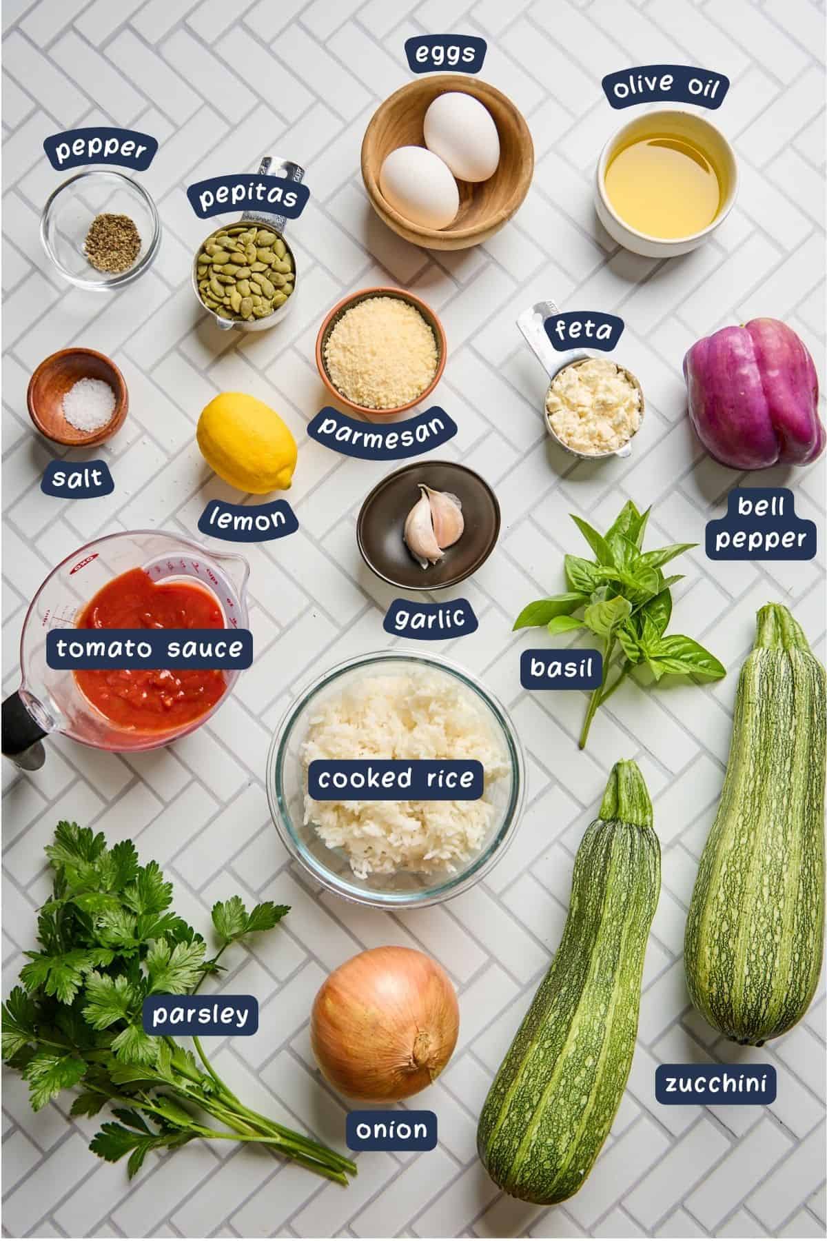 ingredients for making zucchini stuffed with rice