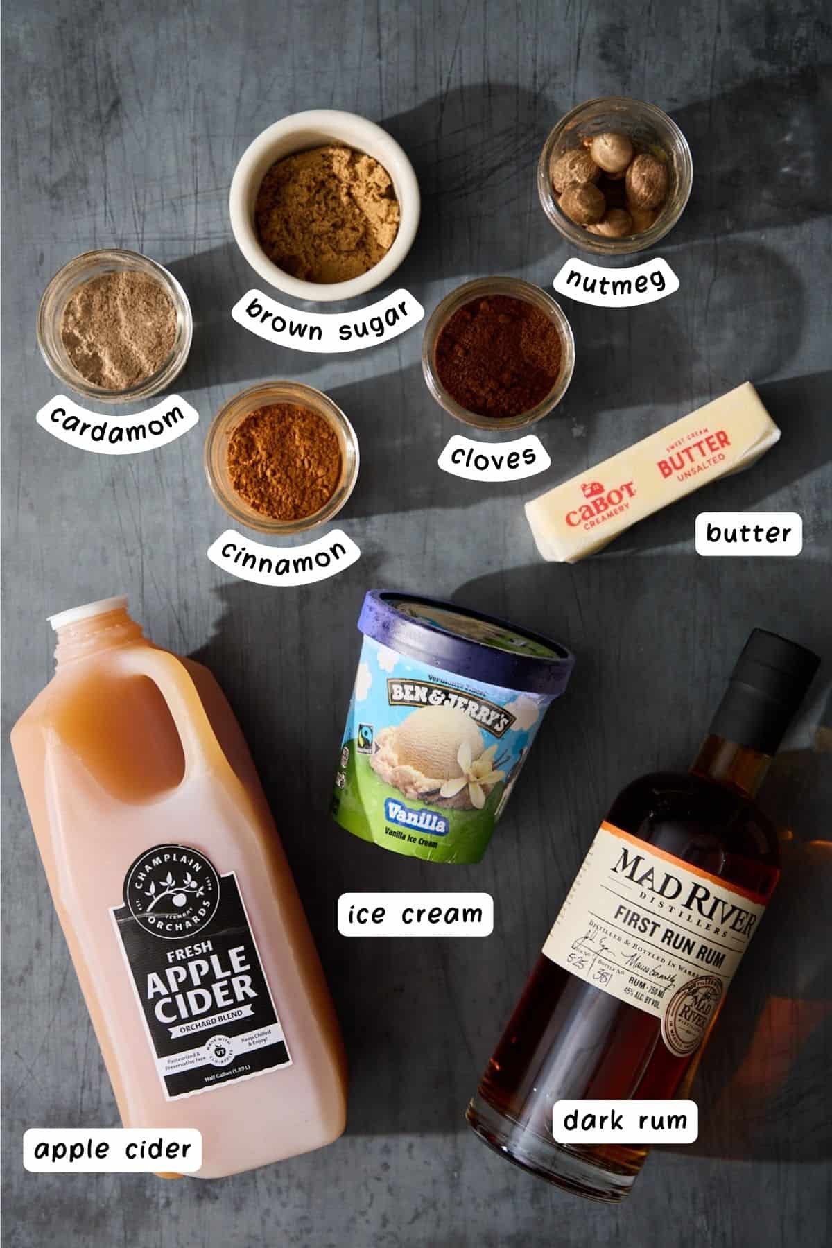 ingredients for making hot buttered rum drink