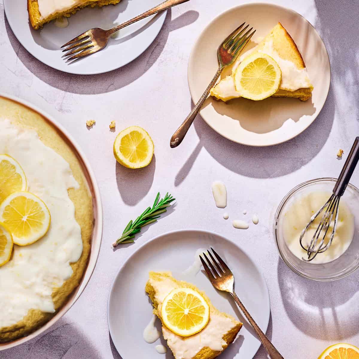 plates of cake with lemon and rosemary