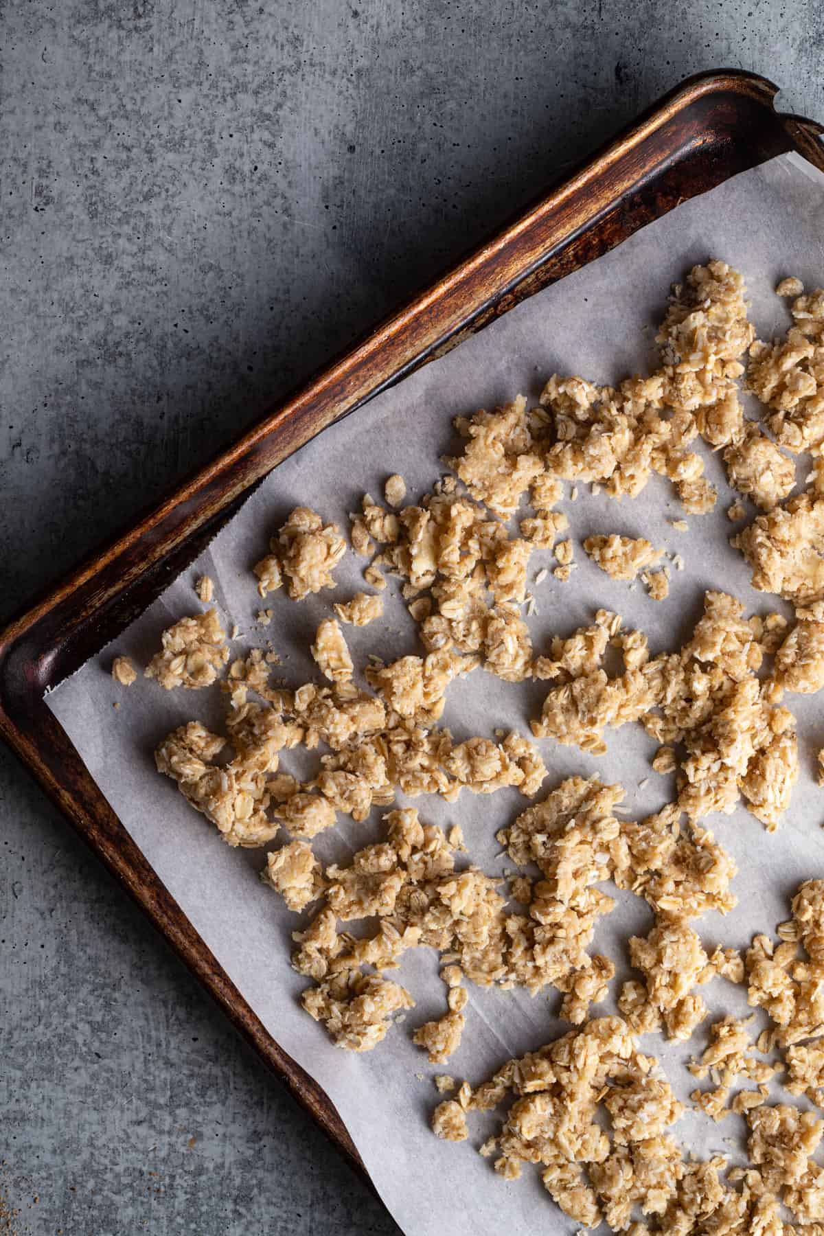 crumble spread out on a baking sheet