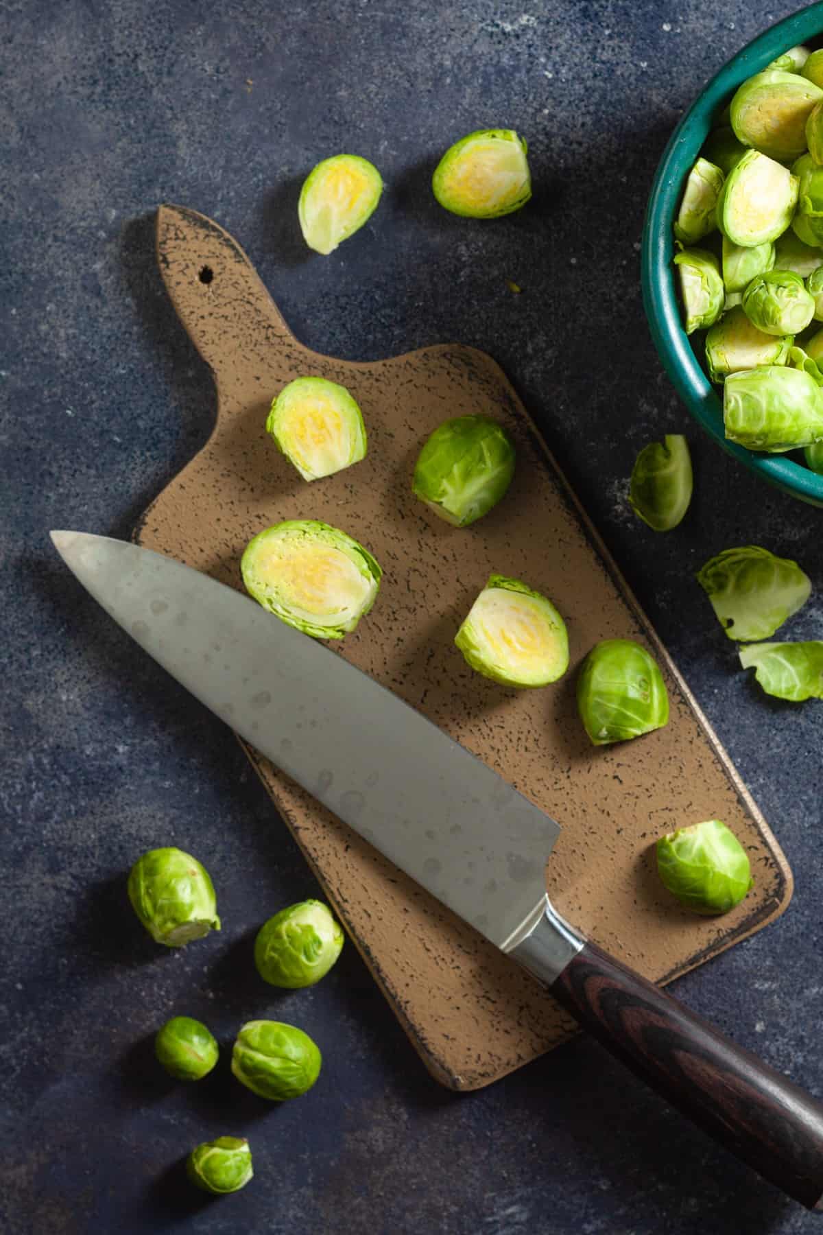 slicing and trimming Brussels sprouts