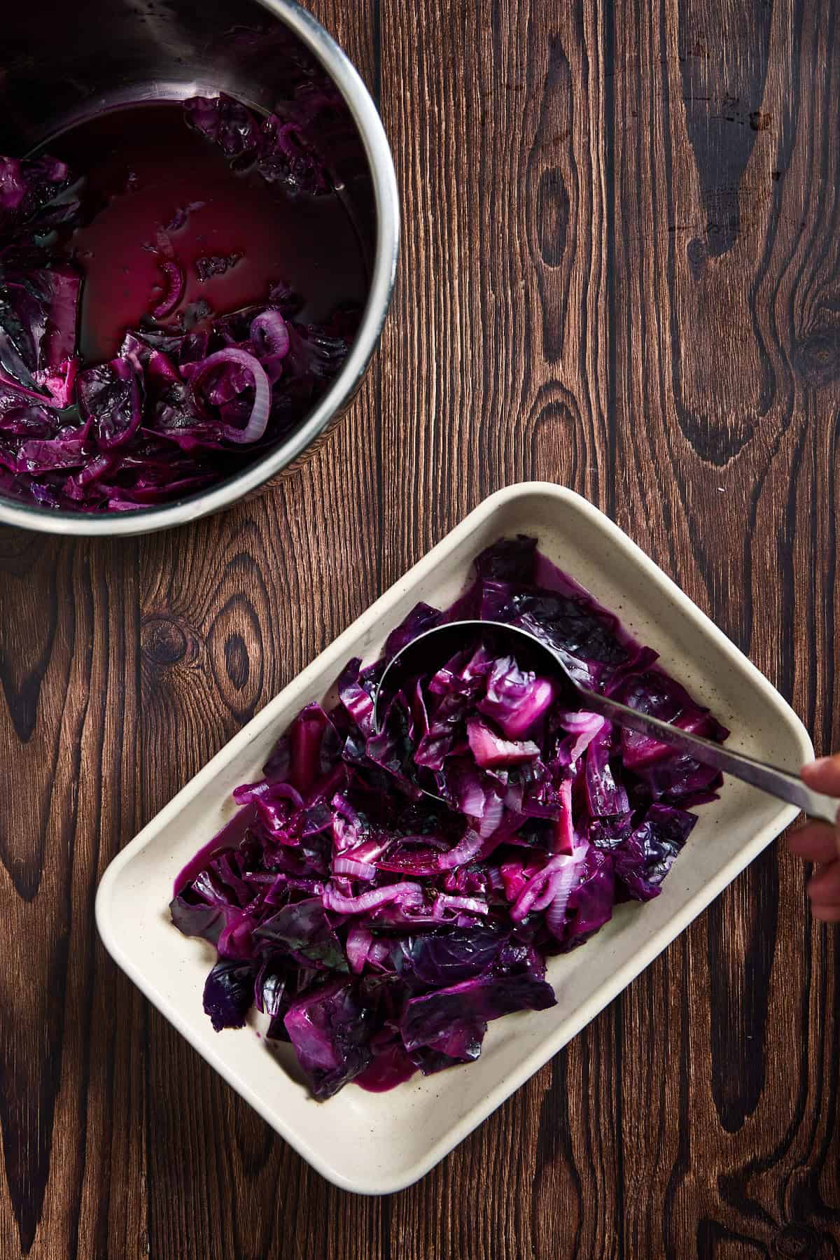 red cabbage being transferred to serving dish