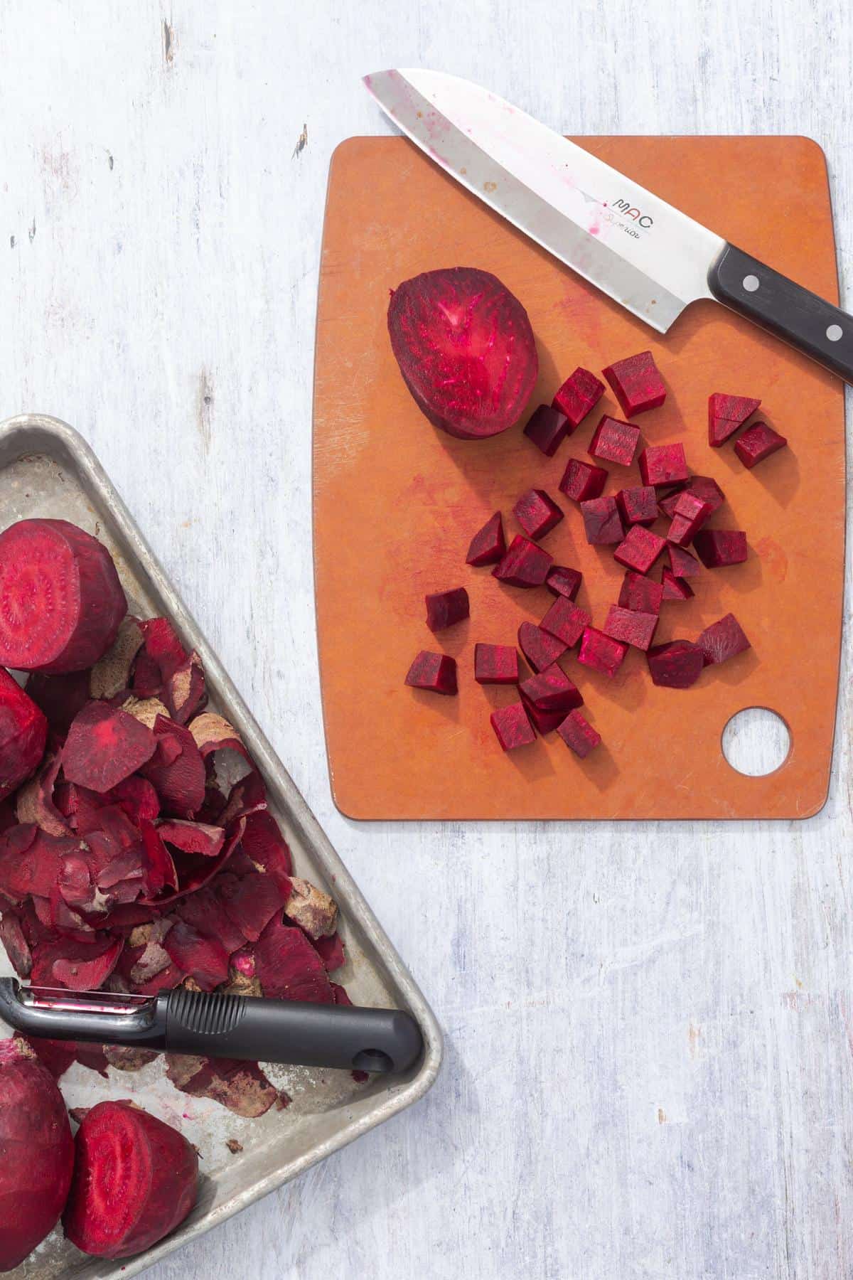 peeled and chopped beets for the beetroot and feta tartlets