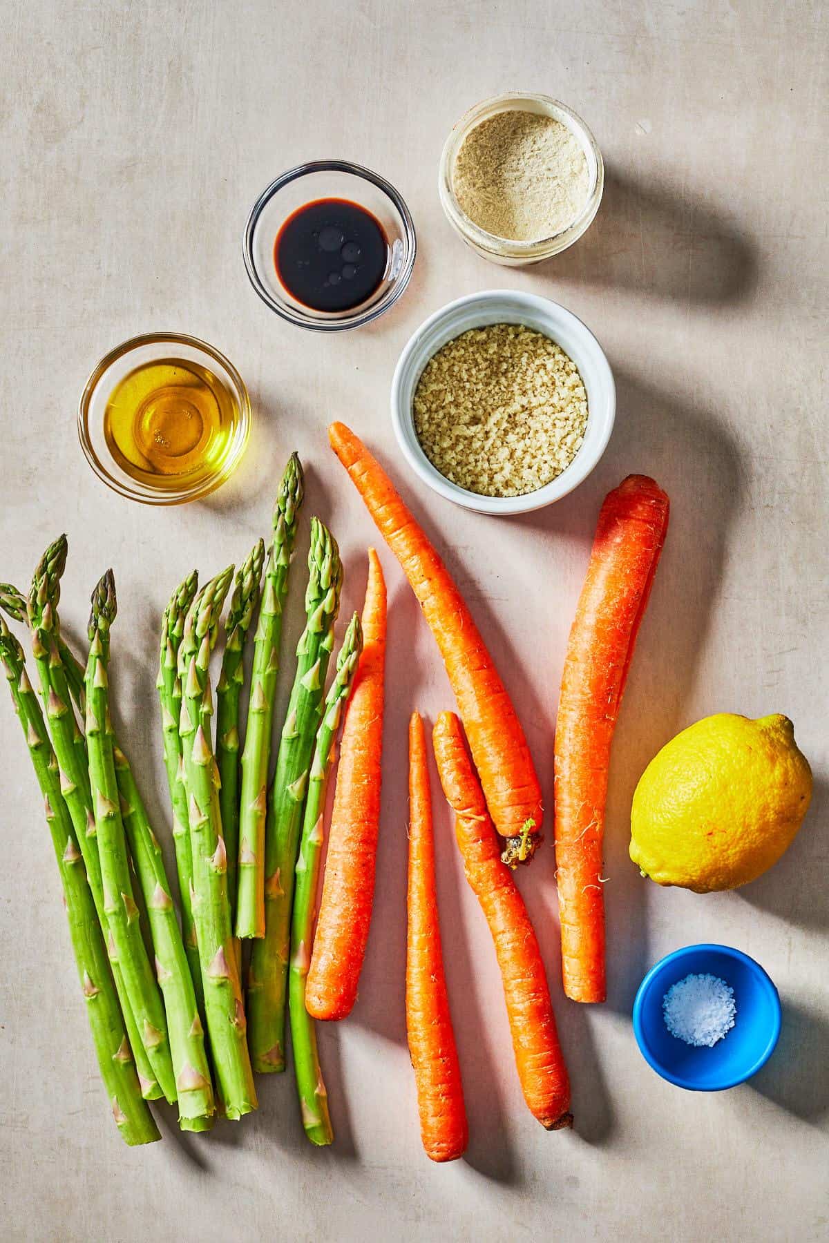 asparagus, carrots, lemon and other ingredients for the recipe