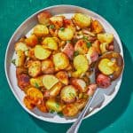 a plate of colorful roasted leeks and potatoes
