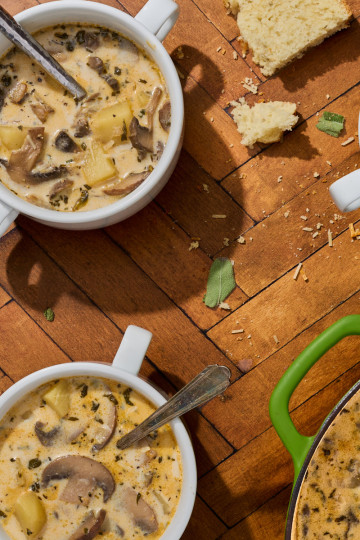 bowls of potato and mushroom soup