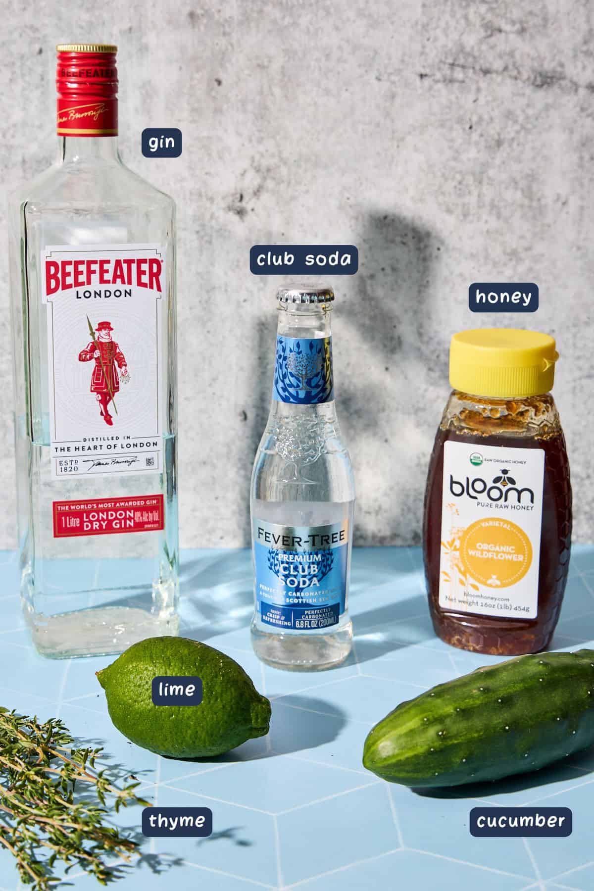 gin, honey, thyme, cucumber, and other ingredients for the cucumber cocktail