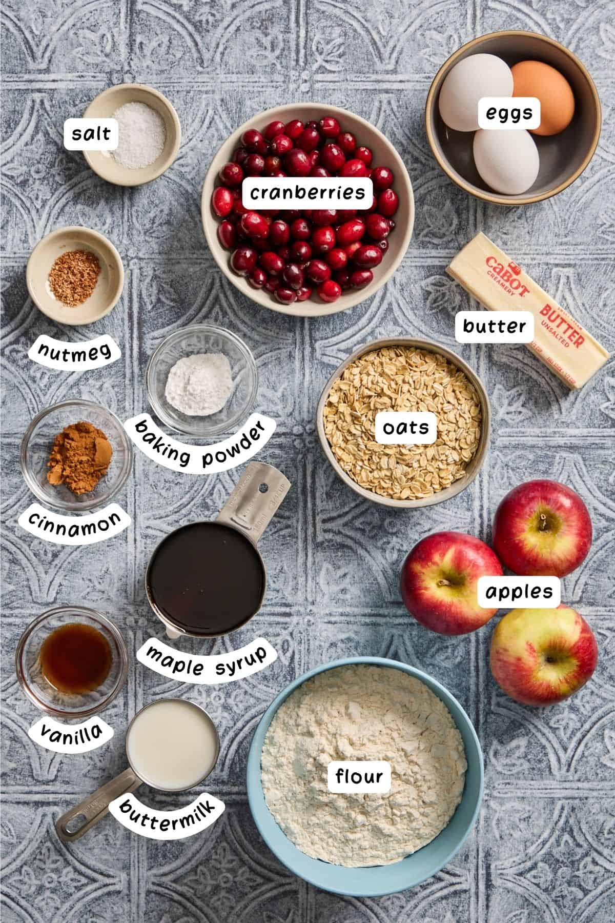labeled ingredients for making the muffin recipe
