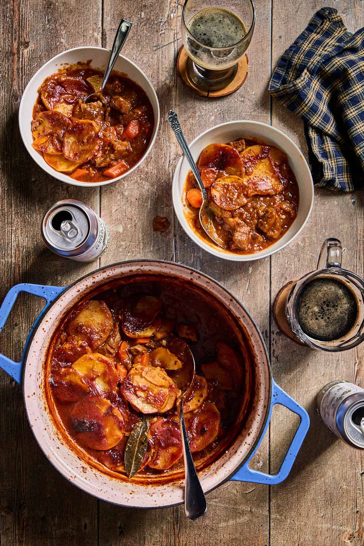 bowls and pot of lancashire beef hot pot stew