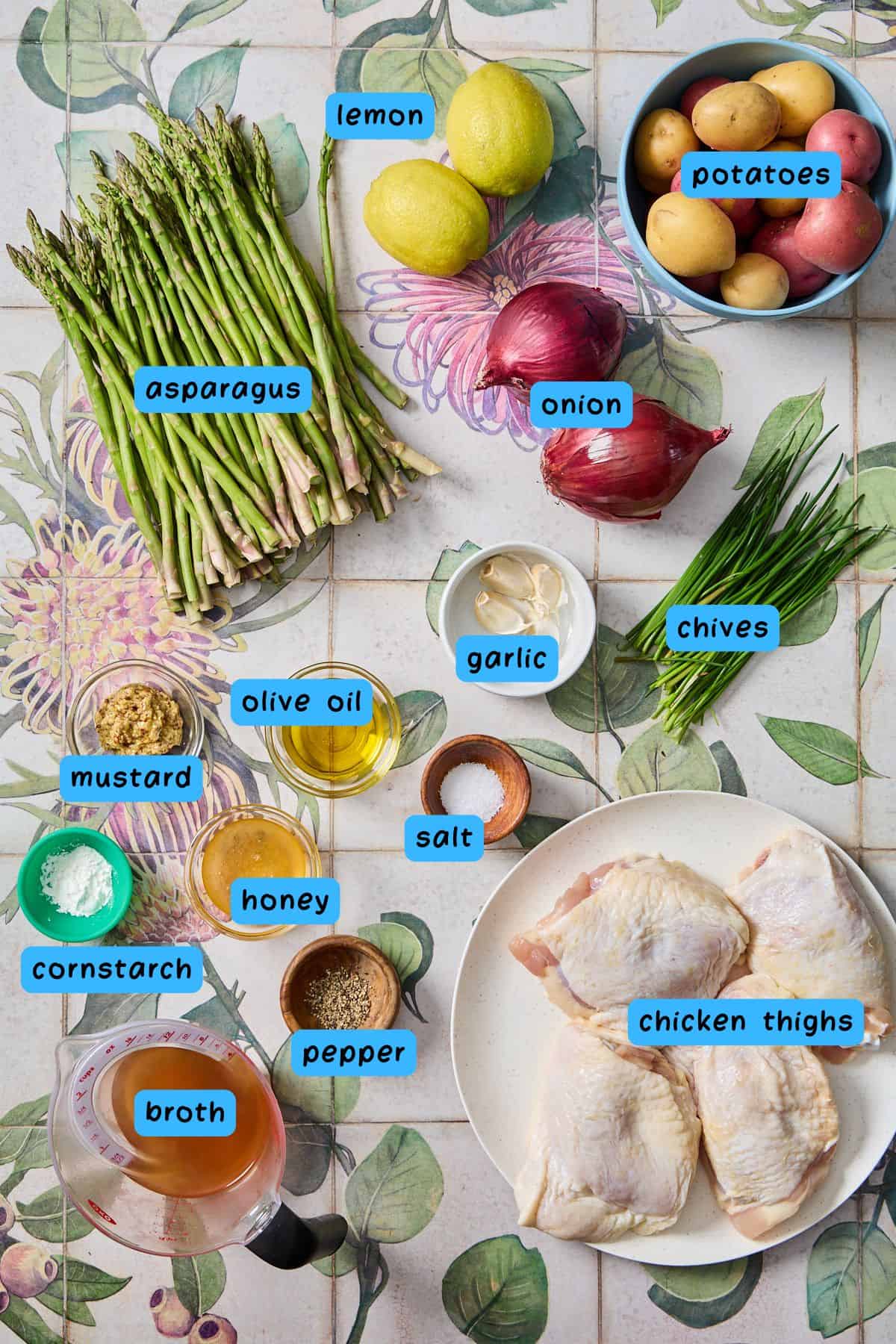 ingredients for making the lemon chicken recipe laid on a counter with labels