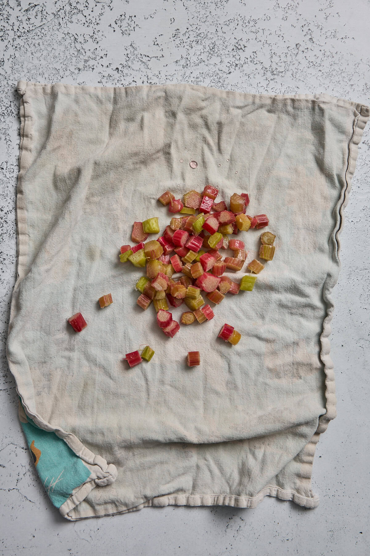 chopped rhubarb in a towel